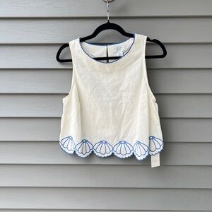 Calypso St. Barth  Seashell Linen Blend Crop Top Off White/Blue Sleeveles Medium